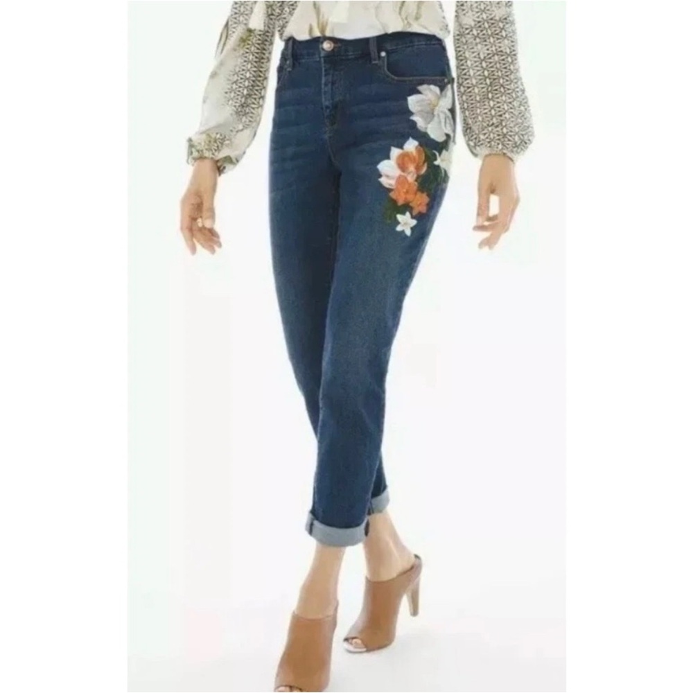 NWT Chico's Blue Floral Painted Ankle Girlfriend SO SLIMMING Jeans Botanical